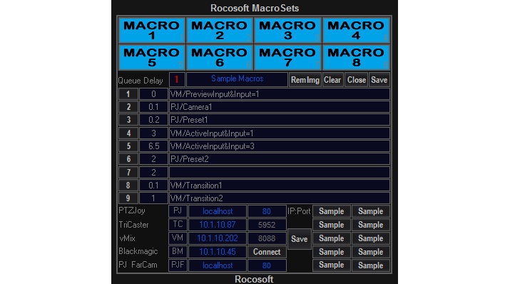 Rocosoft Macro Manager - Create Macros to Control PTZ Cameras, vMix, TriCaster, Atem, Panasonic Switchers